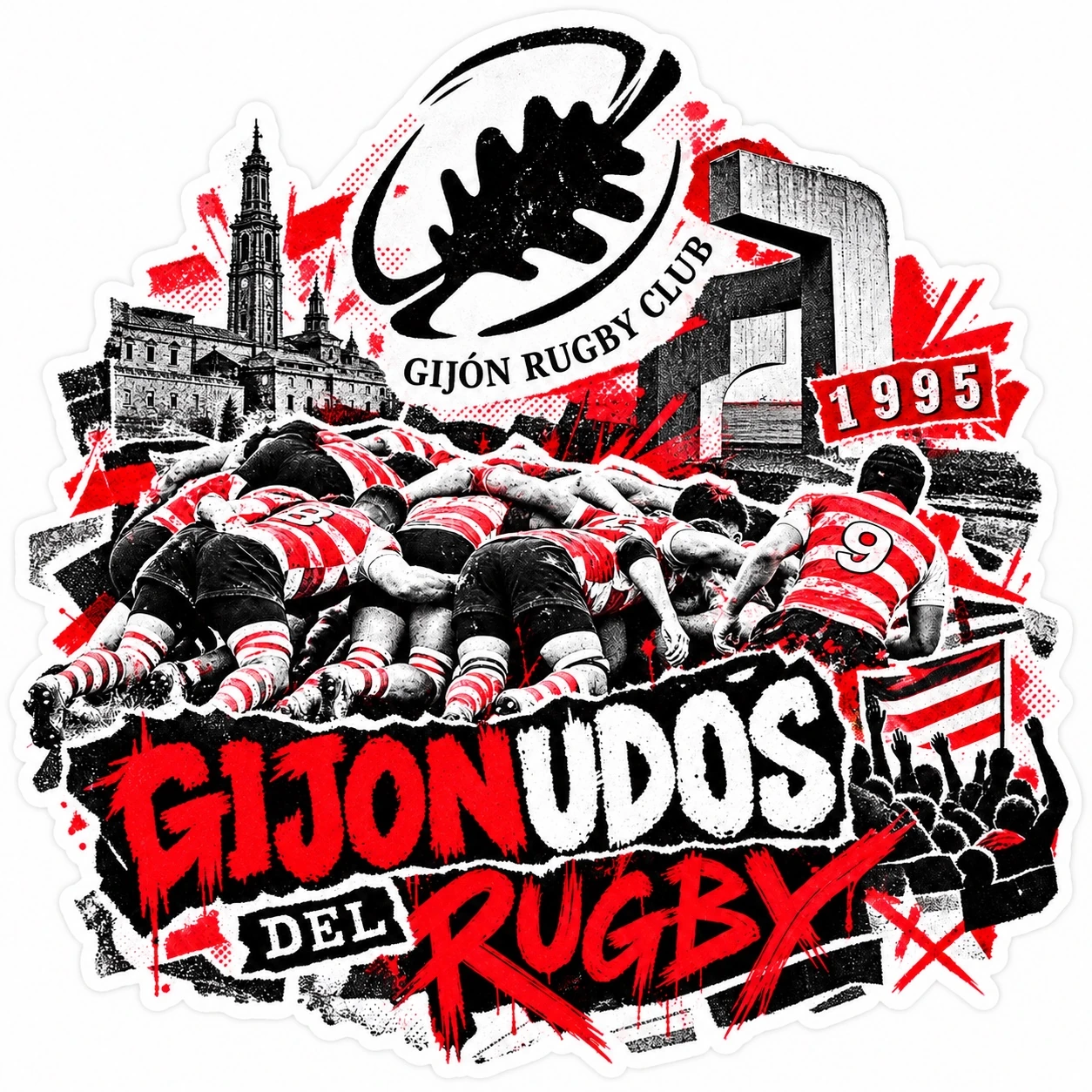 Diseño Gijonudos del rugby con la melé, La Laboral, el Elogio del Horizonte y el escudo